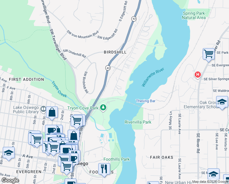 map of restaurants, bars, coffee shops, grocery stores, and more near 12850 Fielding Road in Lake Oswego