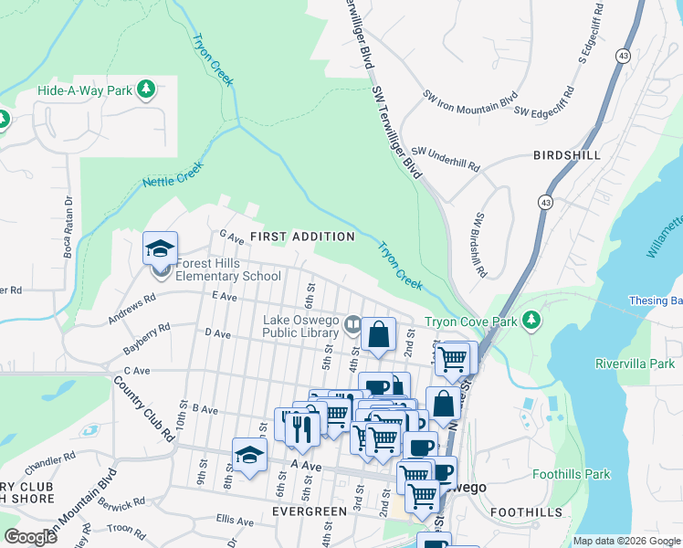 map of restaurants, bars, coffee shops, grocery stores, and more near 505 G Avenue in Lake Oswego