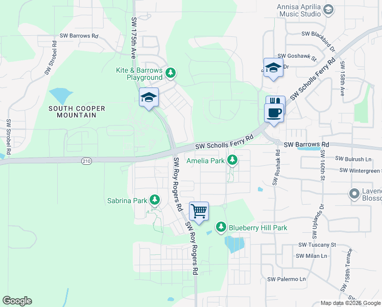 map of restaurants, bars, coffee shops, grocery stores, and more near 16973 Southwest Friendly Lane in Beaverton