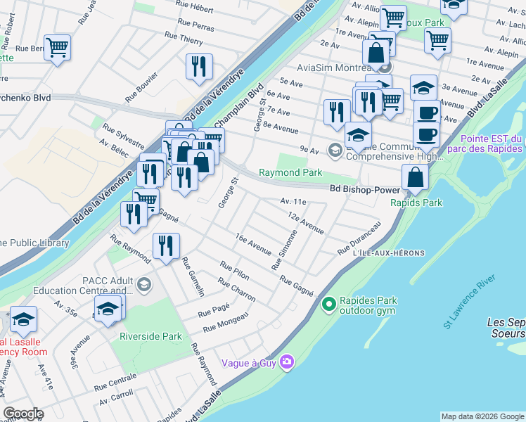 map of restaurants, bars, coffee shops, grocery stores, and more near 683 14e Avenue in Montréal