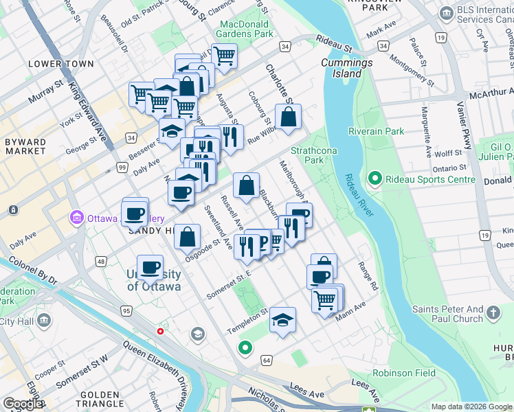 map of restaurants, bars, coffee shops, grocery stores, and more near 333 Chapel Street in Ottawa