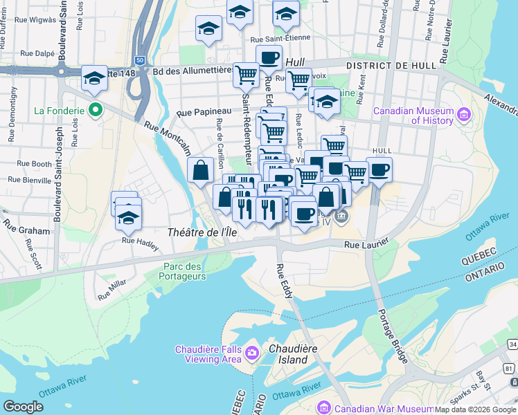 map of restaurants, bars, coffee shops, grocery stores, and more near 73 Rue Wellington in Gatineau