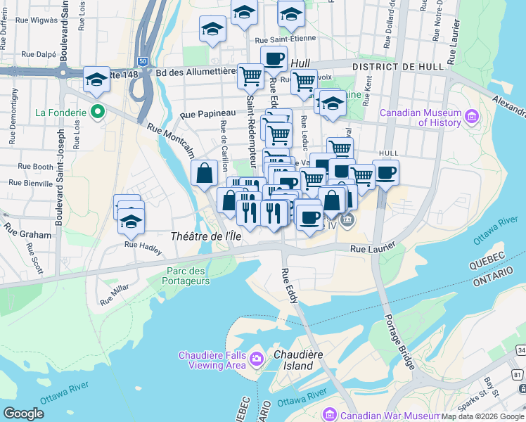 map of restaurants, bars, coffee shops, grocery stores, and more near 73 Rue Wellington in Gatineau