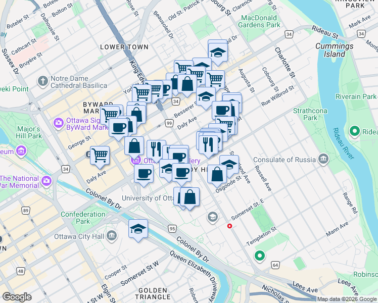 map of restaurants, bars, coffee shops, grocery stores, and more near in Ottawa