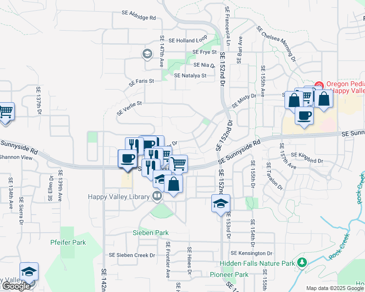 map of restaurants, bars, coffee shops, grocery stores, and more near 14826 Southeast Misty Drive in Happy Valley