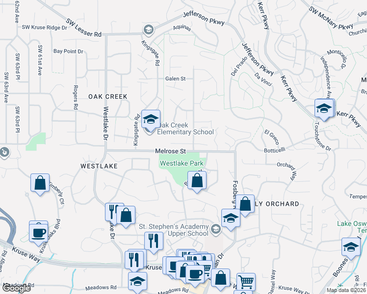 map of restaurants, bars, coffee shops, grocery stores, and more near 4932 Mulholland Drive in Lake Oswego