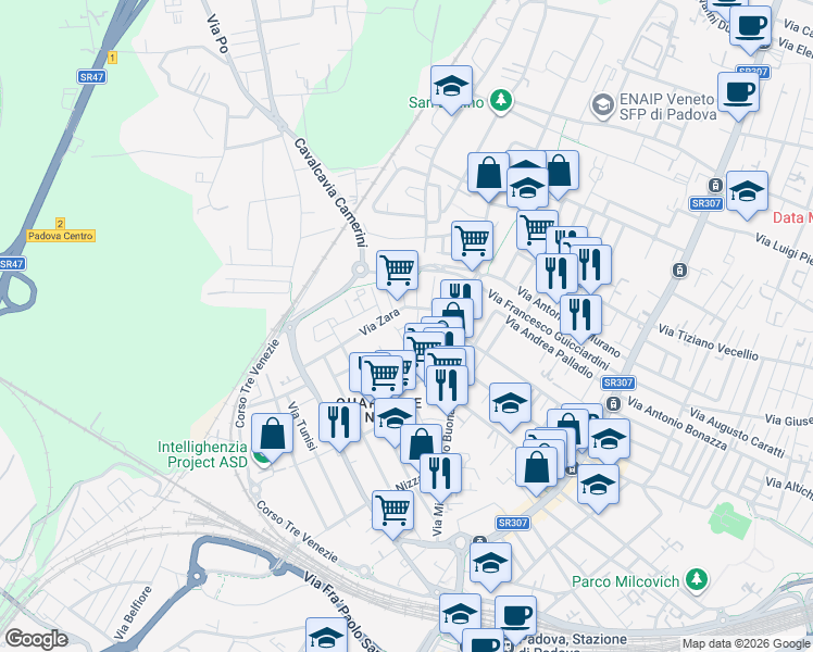 map of restaurants, bars, coffee shops, grocery stores, and more near 9 Via Abbazia in Padova