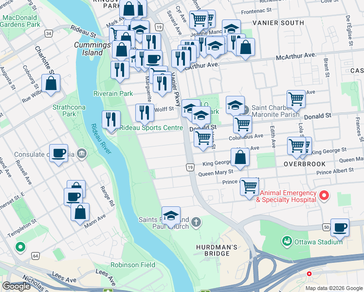 map of restaurants, bars, coffee shops, grocery stores, and more near 62 Columbus Avenue in Ottawa