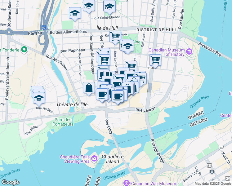 map of restaurants, bars, coffee shops, grocery stores, and more near 133 Rue Wellington in Gatineau