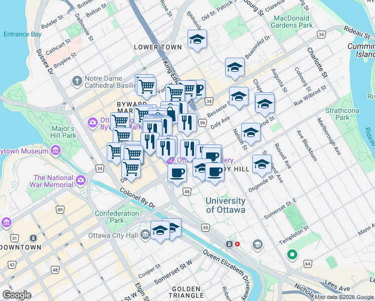 map of restaurants, bars, coffee shops, grocery stores, and more near 478 Cumberland Street in Ottawa
