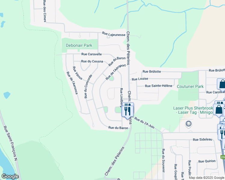 map of restaurants, bars, coffee shops, grocery stores, and more near 1324 Rue du Debonair in Sherbrooke