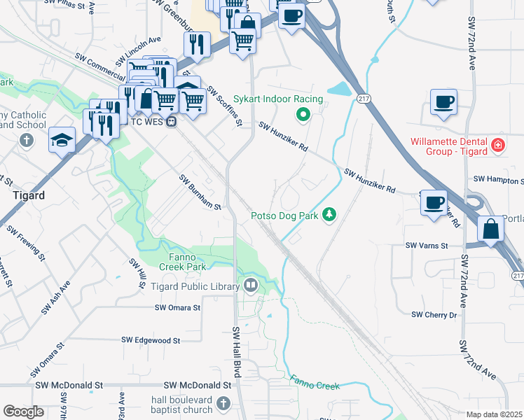 map of restaurants, bars, coffee shops, grocery stores, and more near 12700 SW Hall Blvd in Tigard