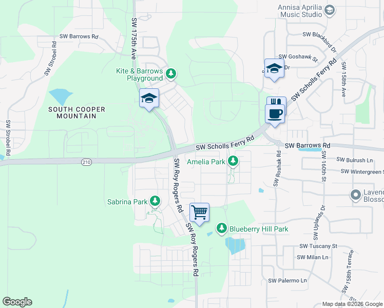map of restaurants, bars, coffee shops, grocery stores, and more near 16973 Southwest Friendly Lane in Beaverton