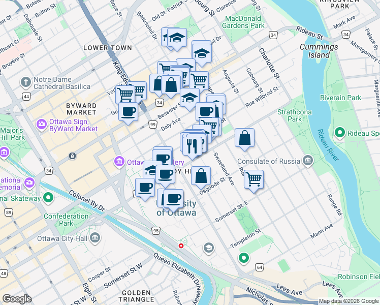map of restaurants, bars, coffee shops, grocery stores, and more near in Ottawa