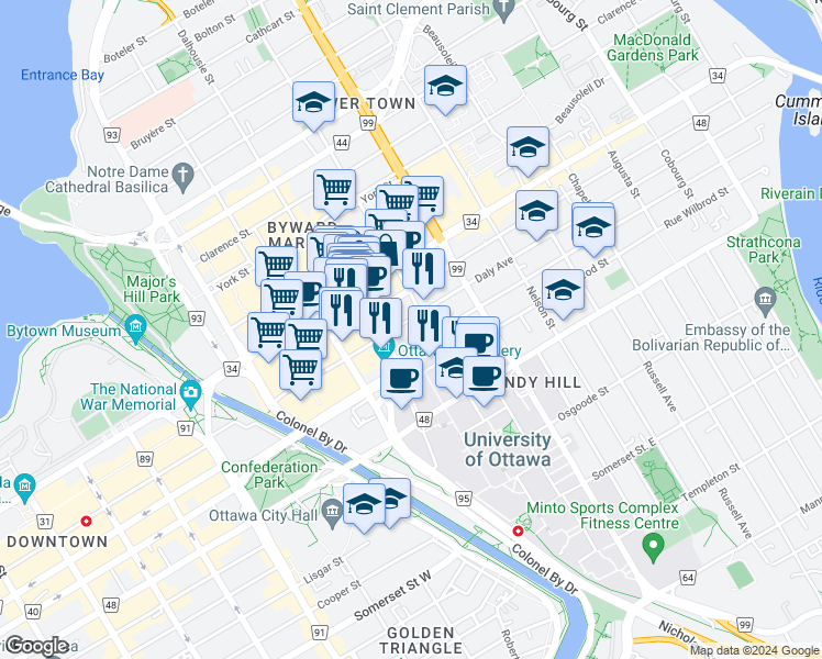 map of restaurants, bars, coffee shops, grocery stores, and more near in Ottawa