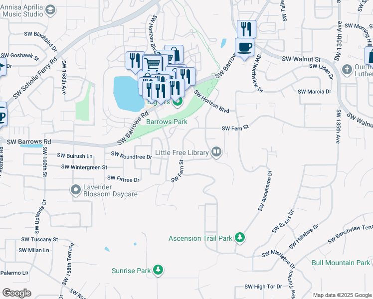 map of restaurants, bars, coffee shops, grocery stores, and more near 14740 Southwest Fern Street in Tigard