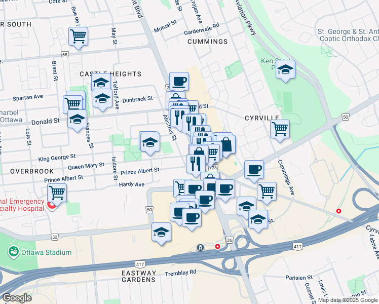 map of restaurants, bars, coffee shops, grocery stores, and more near 1064 Saint Laurent Boulevard in Ottawa