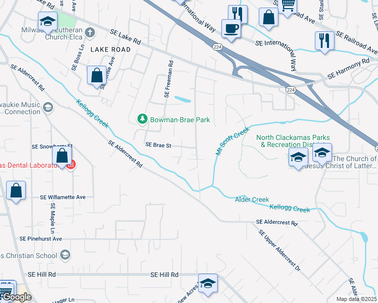 map of restaurants, bars, coffee shops, grocery stores, and more near 13345 Southeast Kuehn Road in Milwaukie