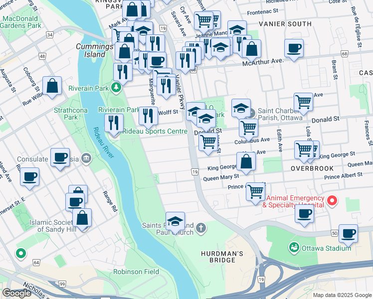 map of restaurants, bars, coffee shops, grocery stores, and more near 62 Columbus Avenue in Ottawa