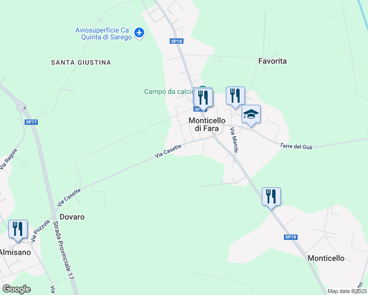 map of restaurants, bars, coffee shops, grocery stores, and more near 37c Via San Giovanni Bosco in Monticello di Fara