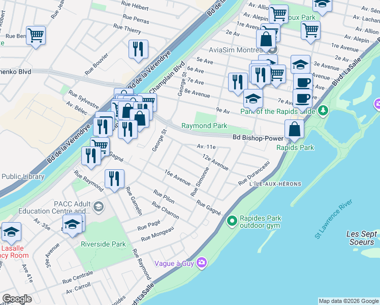 map of restaurants, bars, coffee shops, grocery stores, and more near 656 12e Avenue in Montréal