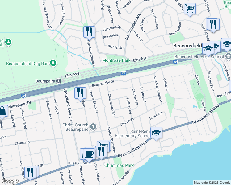 map of restaurants, bars, coffee shops, grocery stores, and more near 430 Edgewood Road in Beaconsfield