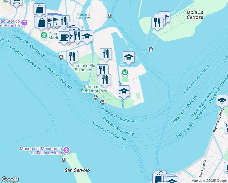 map of restaurants, bars, coffee shops, grocery stores, and more near Calle Buccari in Venice