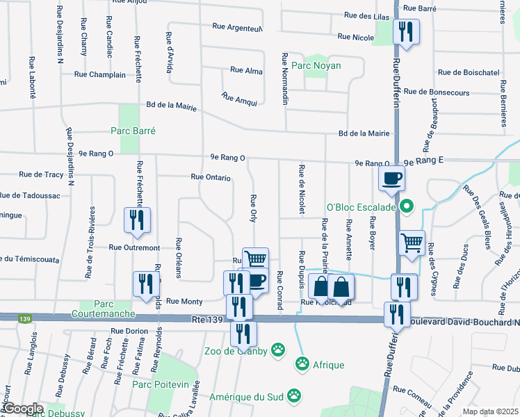map of restaurants, bars, coffee shops, grocery stores, and more near 11 Rue d'Orly in Granby