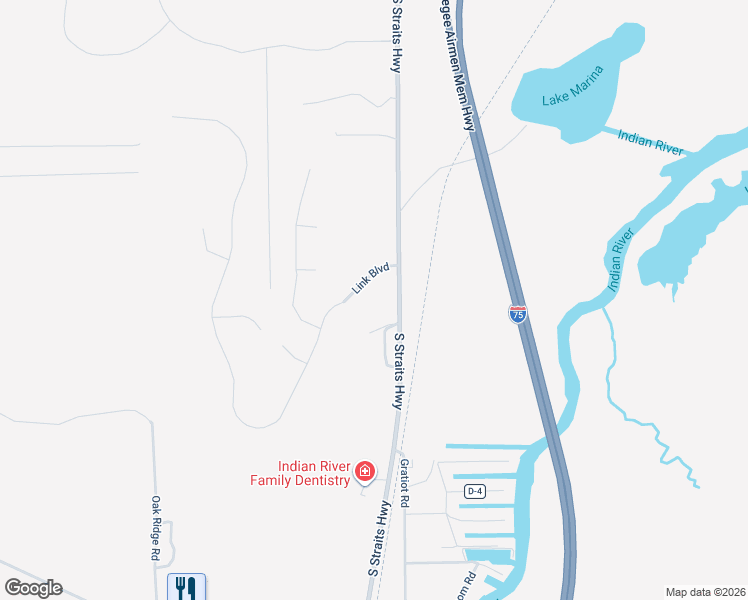 map of restaurants, bars, coffee shops, grocery stores, and more near 2458 South Straits Highway in Indian River