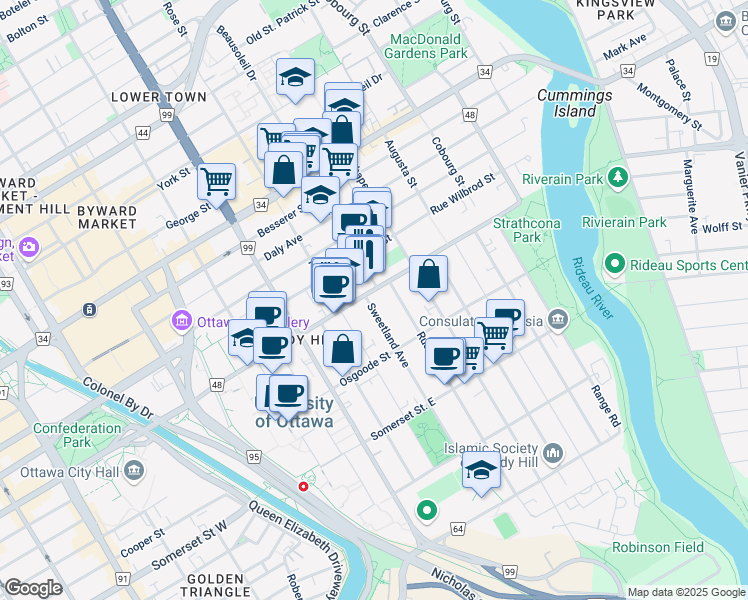 map of restaurants, bars, coffee shops, grocery stores, and more near 280 Laurier Avenue East in Ottawa