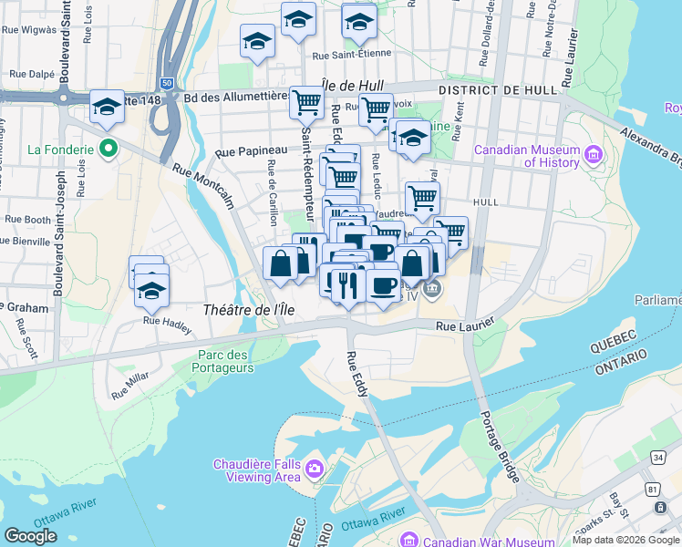 map of restaurants, bars, coffee shops, grocery stores, and more near 45 Rue Eddy in Gatineau