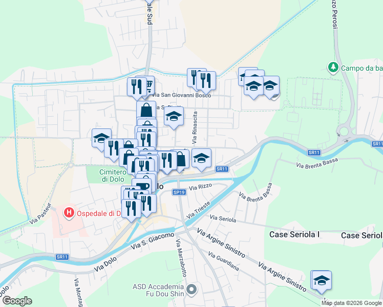 map of restaurants, bars, coffee shops, grocery stores, and more near 10 Via Piave in Dolo