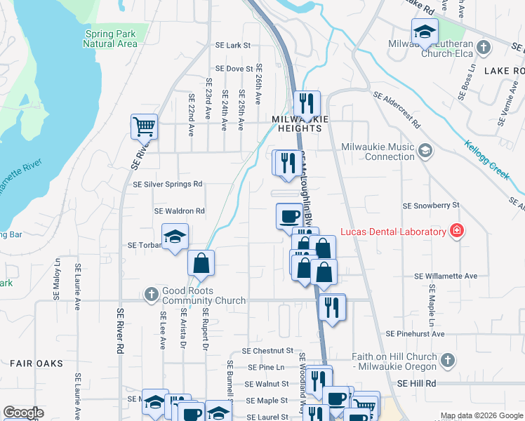 map of restaurants, bars, coffee shops, grocery stores, and more near 13322 Southeast Linden Lane in Milwaukie