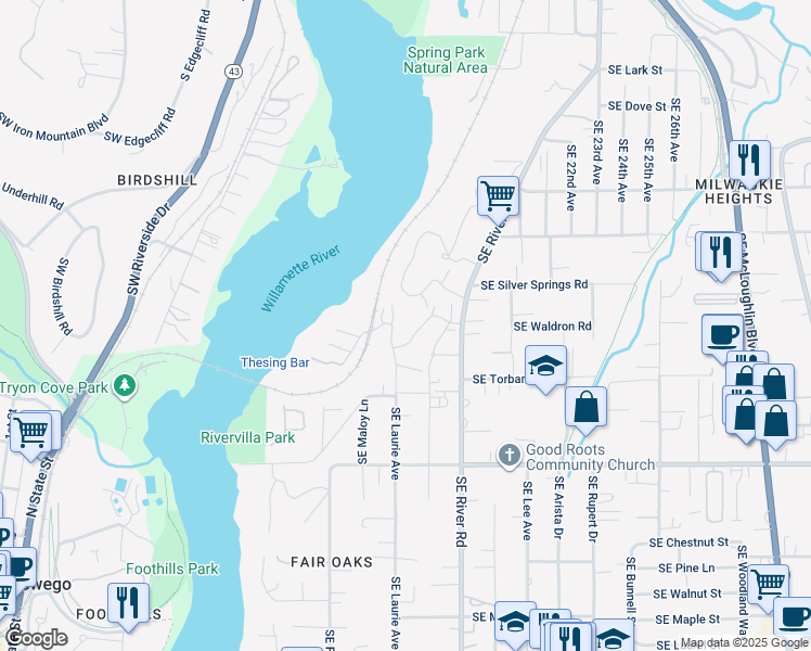 map of restaurants, bars, coffee shops, grocery stores, and more near 13294 Southeast Laurie Avenue in Oak Grove