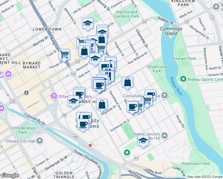 map of restaurants, bars, coffee shops, grocery stores, and more near 19 Sweetland Avenue in Ottawa
