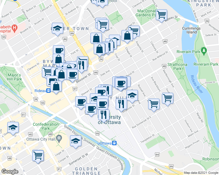 map of restaurants, bars, coffee shops, grocery stores, and more near in Ottawa