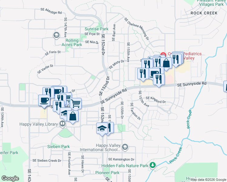 map of restaurants, bars, coffee shops, grocery stores, and more near 15489 Southeast Honeysuckle Way in Happy Valley