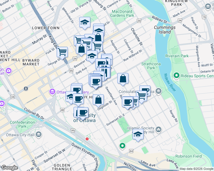map of restaurants, bars, coffee shops, grocery stores, and more near 280 Laurier Avenue East in Ottawa