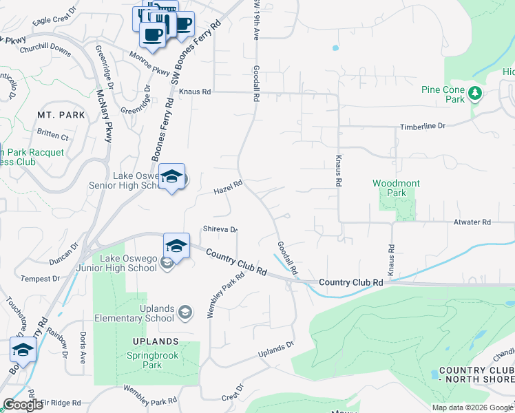 map of restaurants, bars, coffee shops, grocery stores, and more near 14005 Goodall Road in Lake Oswego