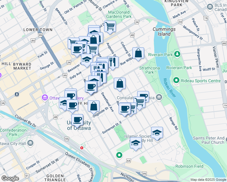map of restaurants, bars, coffee shops, grocery stores, and more near 330 Chapel Street in Ottawa