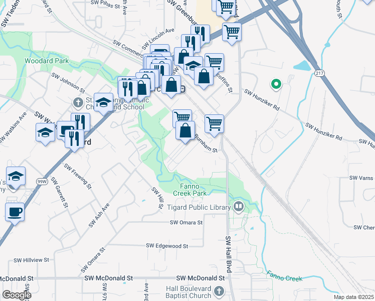 map of restaurants, bars, coffee shops, grocery stores, and more near 8900 Southwest Burnham Street in Tigard