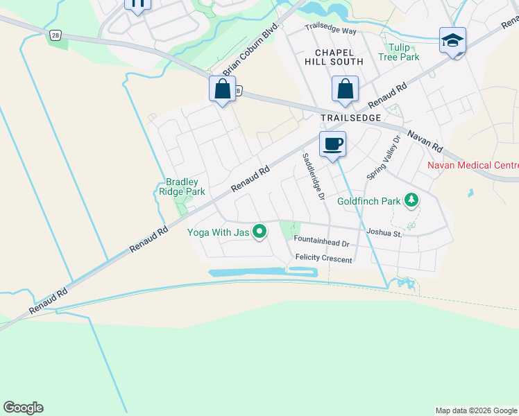 map of restaurants, bars, coffee shops, grocery stores, and more near 245 Lucinda Crescent in Ottawa