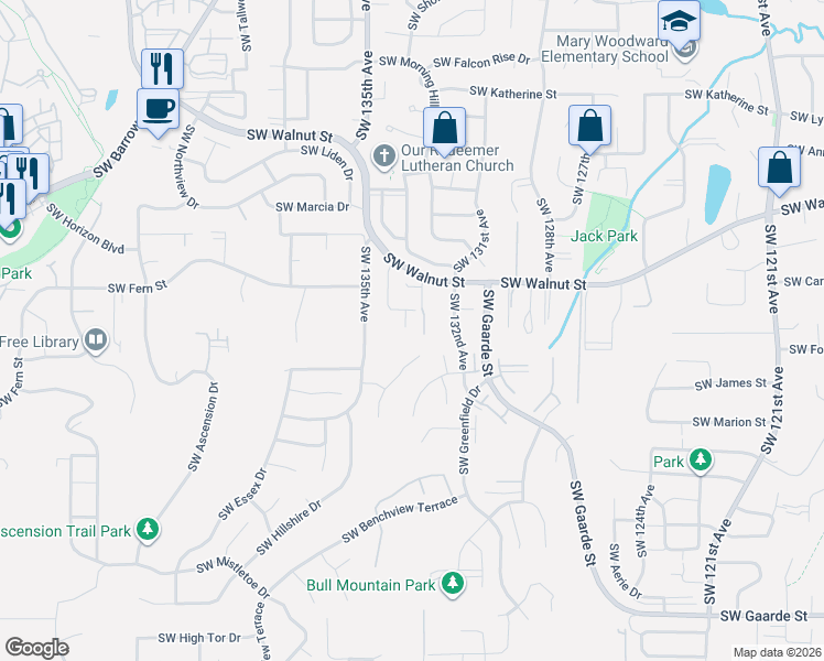 map of restaurants, bars, coffee shops, grocery stores, and more near 13340 Southwest Doe Lane in Tigard