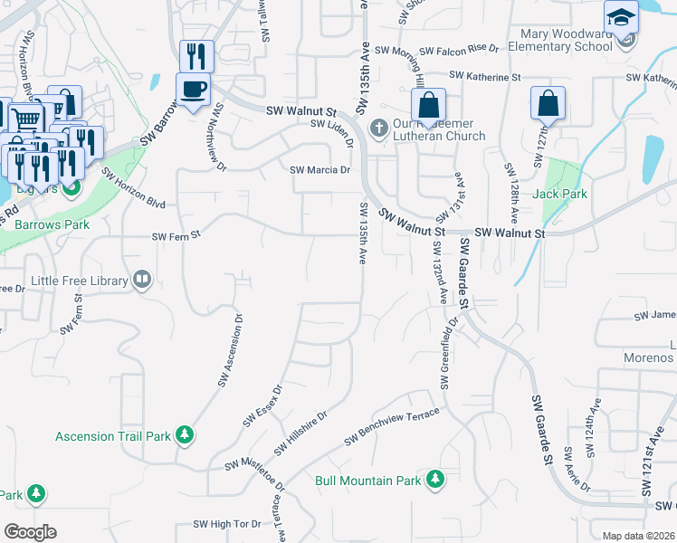 map of restaurants, bars, coffee shops, grocery stores, and more near 13620 Southwest Fern Street in Tigard