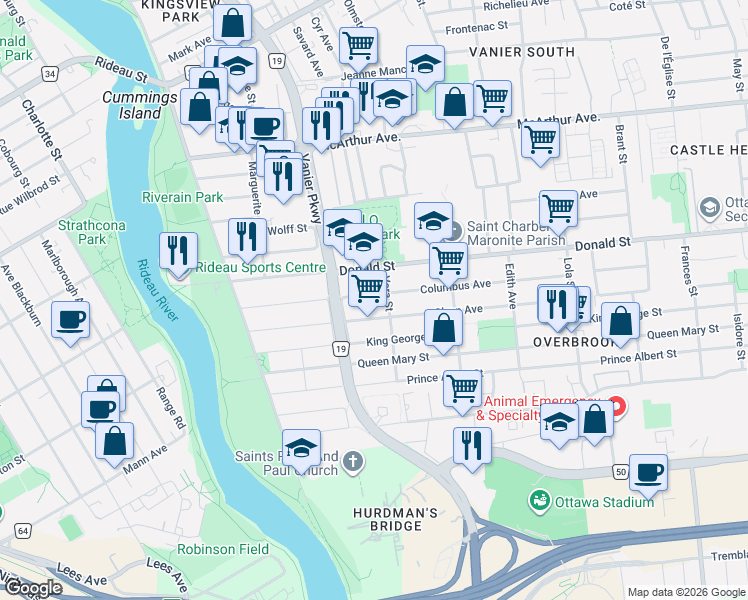 map of restaurants, bars, coffee shops, grocery stores, and more near 154 Columbus Avenue in Ottawa
