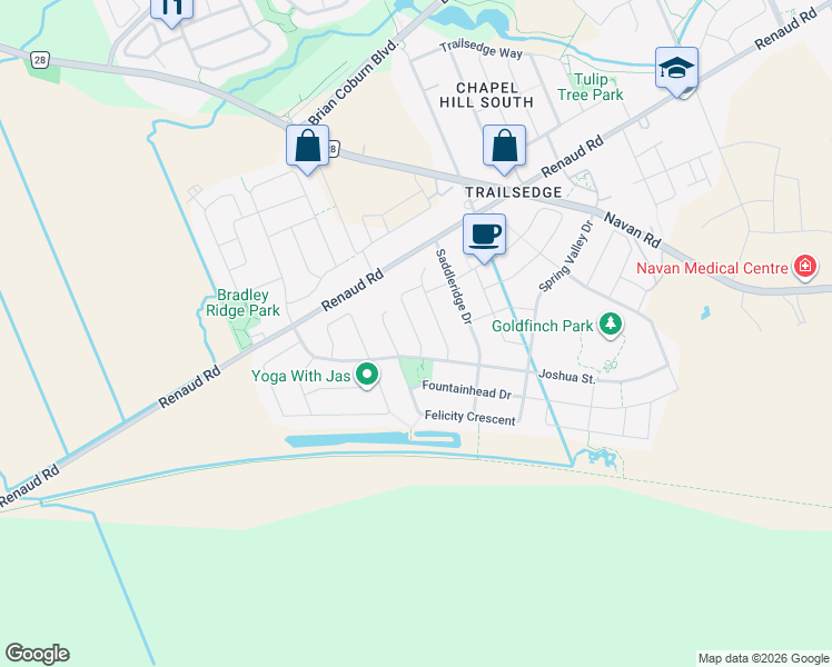 map of restaurants, bars, coffee shops, grocery stores, and more near 577 Voie Du Pin Rouge in Ottawa
