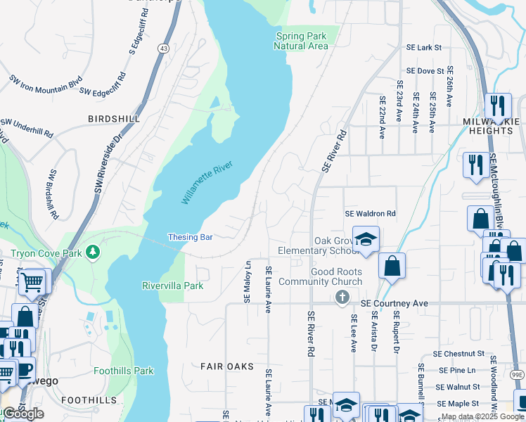 map of restaurants, bars, coffee shops, grocery stores, and more near 13294 Southeast Laurie Avenue in Oak Grove