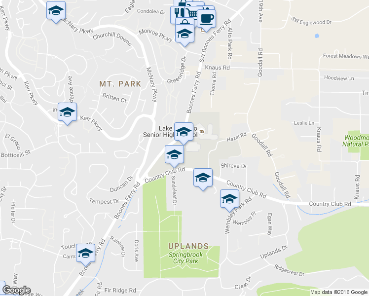 map of restaurants, bars, coffee shops, grocery stores, and more near 2449 Southwest Country Club Road in Lake Oswego
