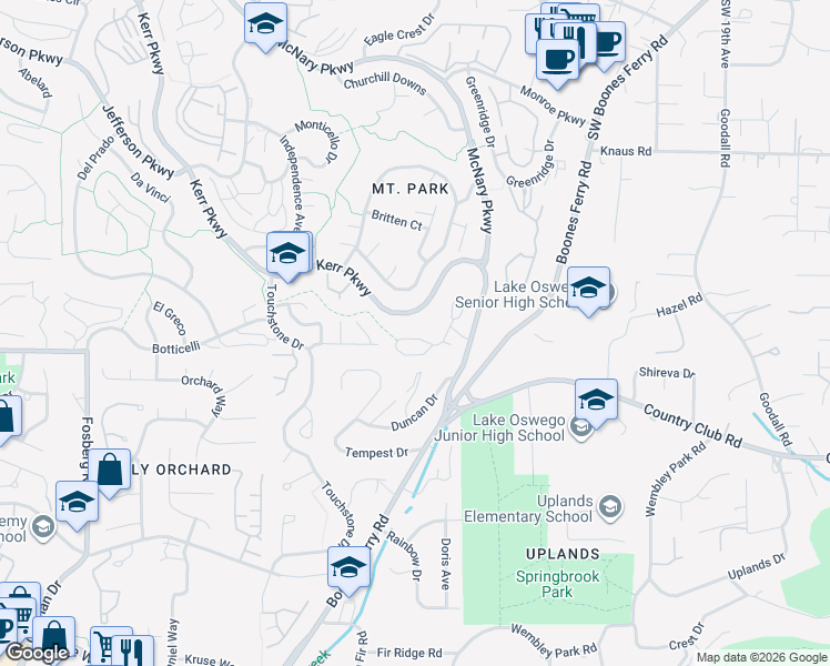 map of restaurants, bars, coffee shops, grocery stores, and more near 21 Mountain Circle in Lake Oswego