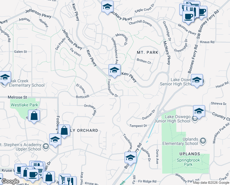map of restaurants, bars, coffee shops, grocery stores, and more near 9 Touchstone in Lake Oswego